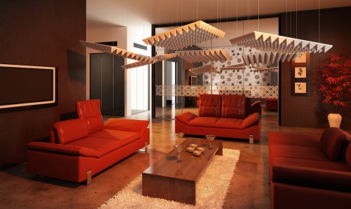 Приклад застосування Акустична підвісна звуковбирна панель Ecosound Quadro Acoustic Wave Orange. 50мм 1х1м Колір помаранчевий 